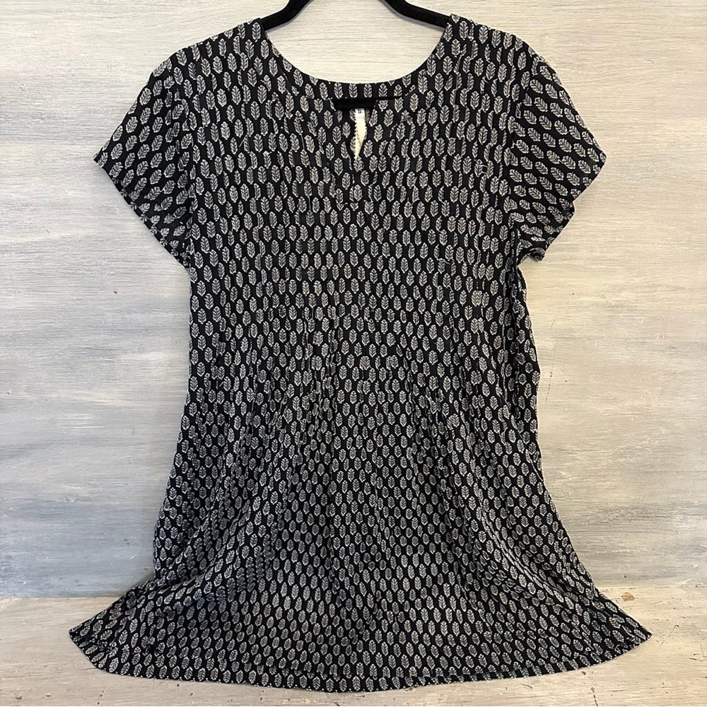 Uncle Frank Tunic Dress  100% Cotton Sheer Black White Feather Print Pockets‎ LN